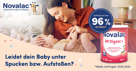 Mutter und Baby. Dose Novalac AR Digest+ neben Text: Empfohlen von 96% der Eltern.